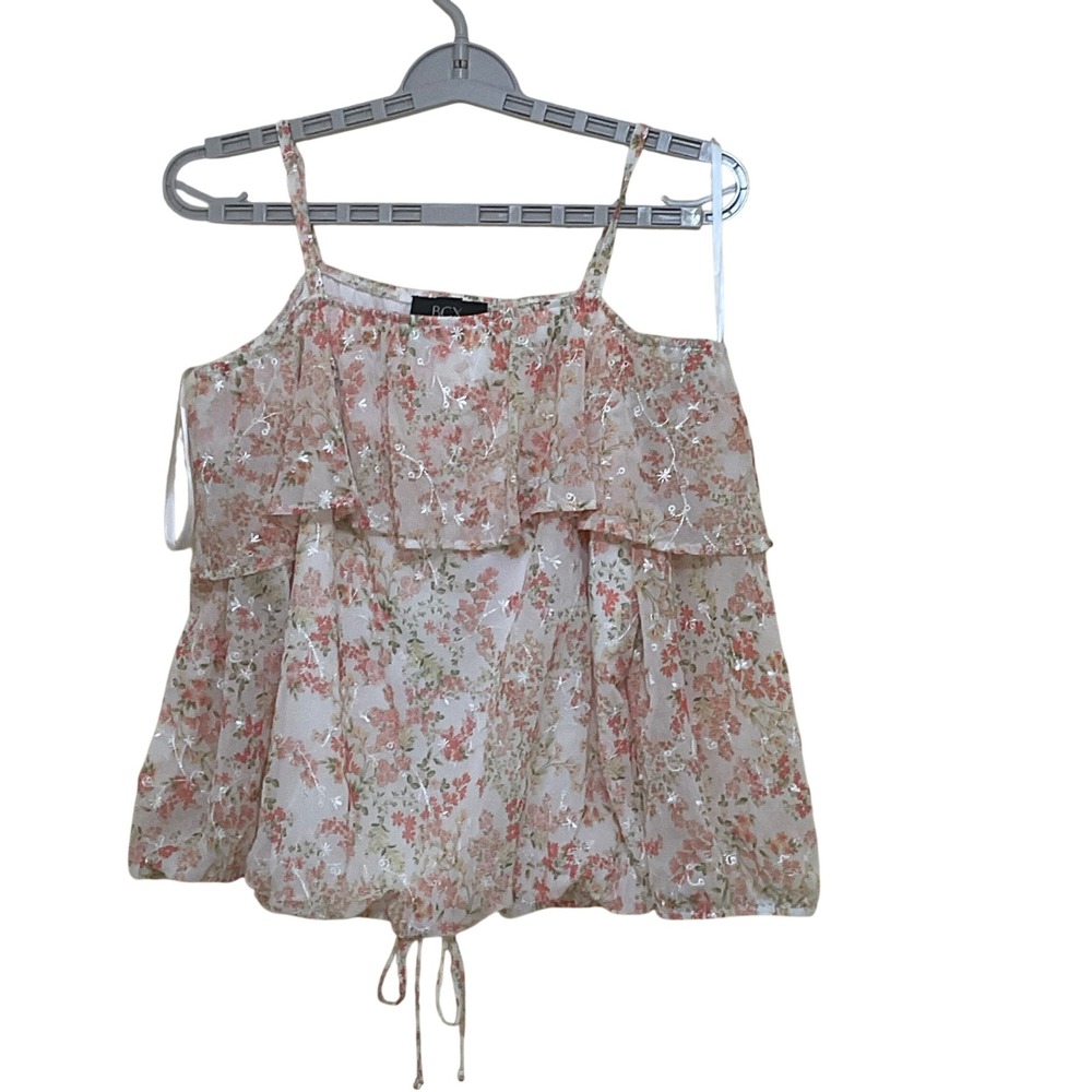 BCX Floral Camisole Top Women Medium Pink New Ruffle Layered Chiffon 22"